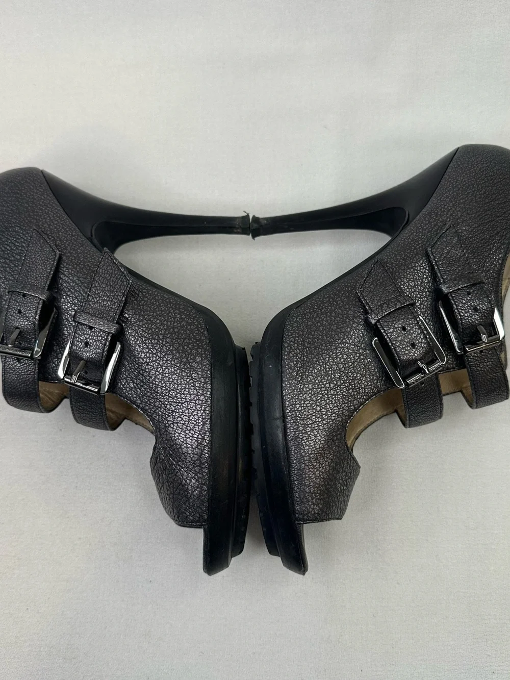 Michael Kors Peep Toe Double Buckle Heels Pewter Metallic Leather 7